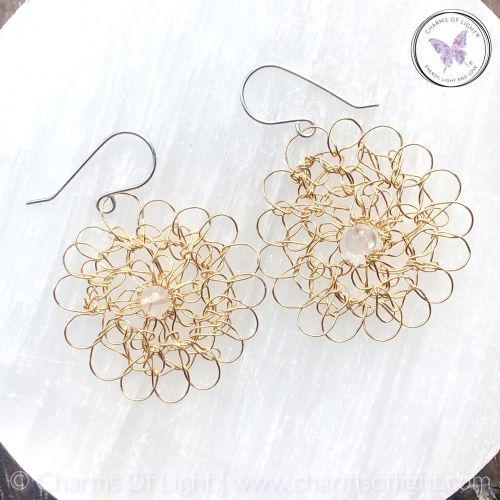Copper Wire Crochet Medallion Earrings With Clear Quartz (Yellow Gold)